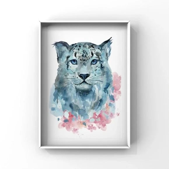 Blue Pink watercolor Snow Leopard portrait wall art home decor. - Picture 3 of 4